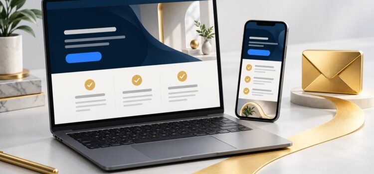 7 Service Page Improvements That Help Customers Make an Inquiry Illustration of a laptop and phone displaying service pages beside a gold message envelope.
